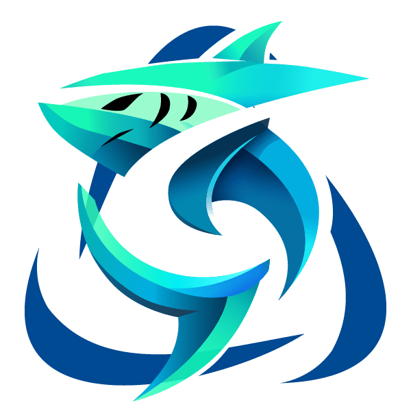 Stylized illustration of a blue and turquoise shark with abstract, swirling lines and bold shapes on a light background.